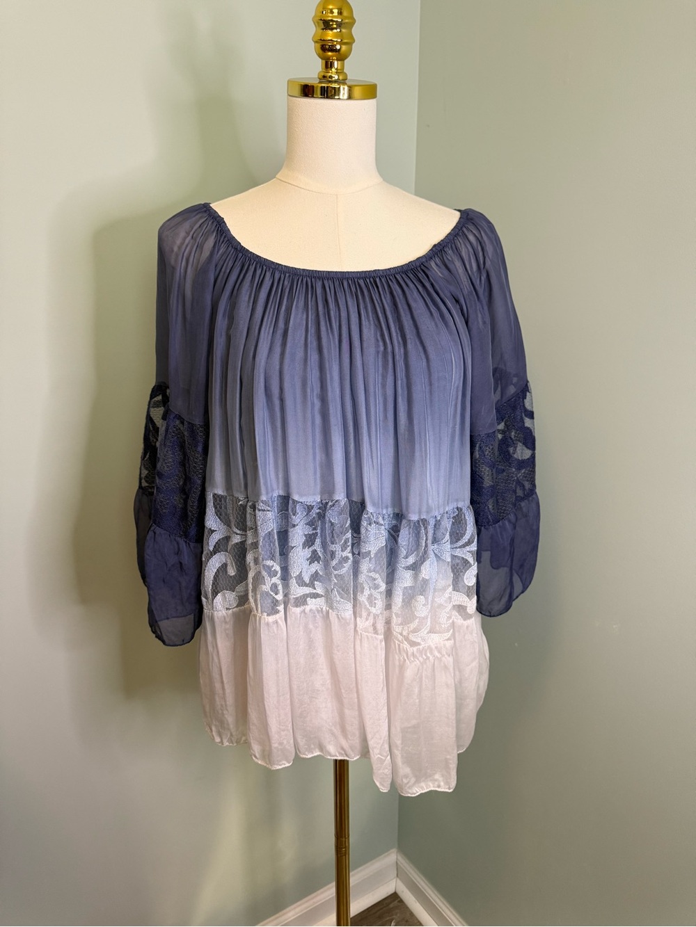 Gulia Blue Ombre Lace Panel Boho Blouse Made‎ in Italy Sheer Bell Sleeve Medium